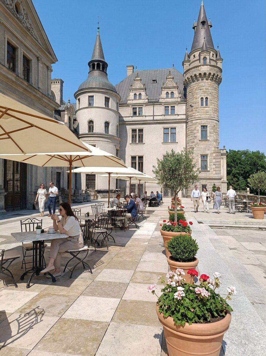 Restauracja plenerowa na tarasie zamku moszna stoliki kawiar