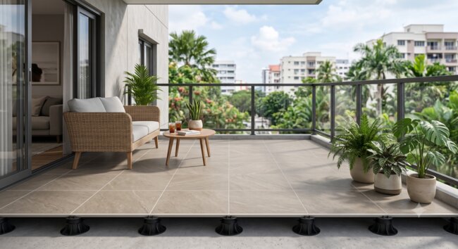 Balkon z płytami ceramicznymi zamontowanymi na niskich wspornikach regulowanych