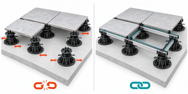 Diagram porównawczy systemu wsporników tarasowych bez szyn nośnych vs połączony system legarów aluminiowych do płytek zewnętrznych.