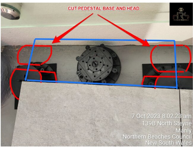 Cut pedestal base and head modification for flush outdoor tile fitting against wall edges.